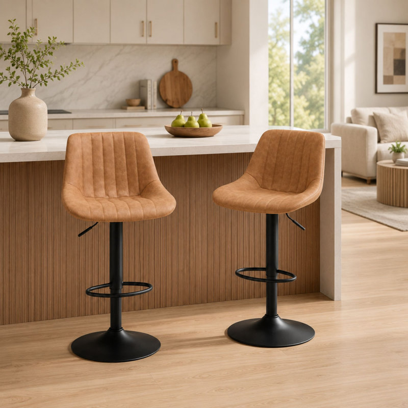 Tabourets pivotants à hauteur réglable avec dossier pour îlot de cuisine, Light Brown Seat/ Black Frame, 2