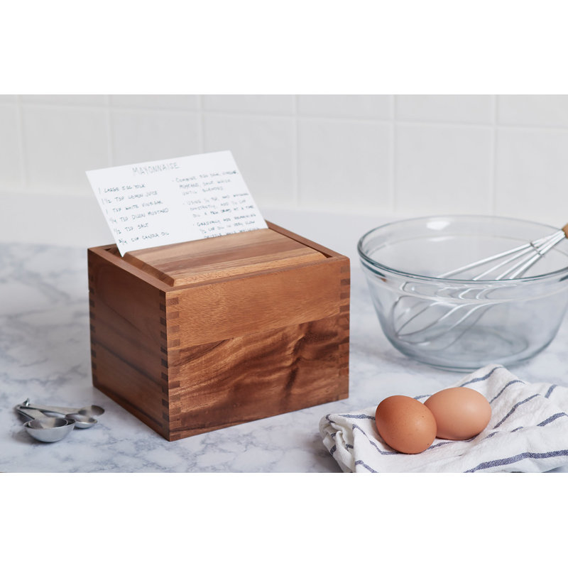 Acacia Wood Recipe Box With Divider Tabs, 2 Compartment, Single
