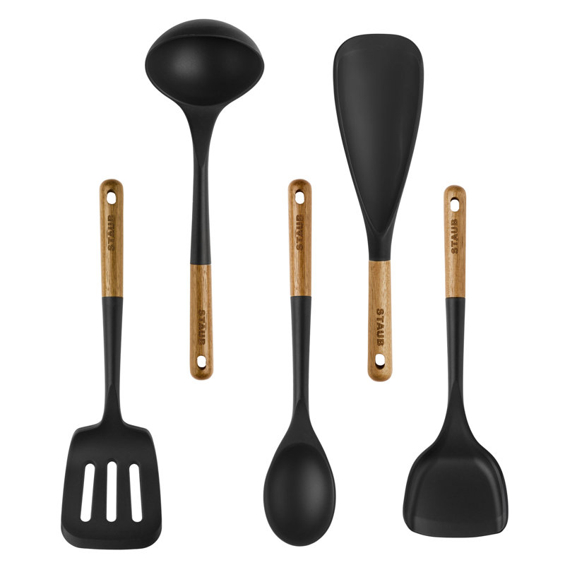 Staub 5-Piece Black Silicone and Wood Cooking Utensil Set