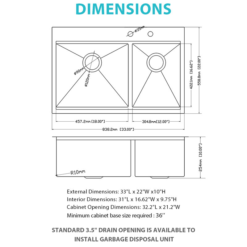 Double Bowl  60/40  33"X22"X10" Topmount Drop - In Kitchen Sink, 16 Gauge T304 Stainless Steel With Brushed Nickel Finish, X Shaped Water Guide For Smooth Flow, R10 Rounded Corner, Coating To