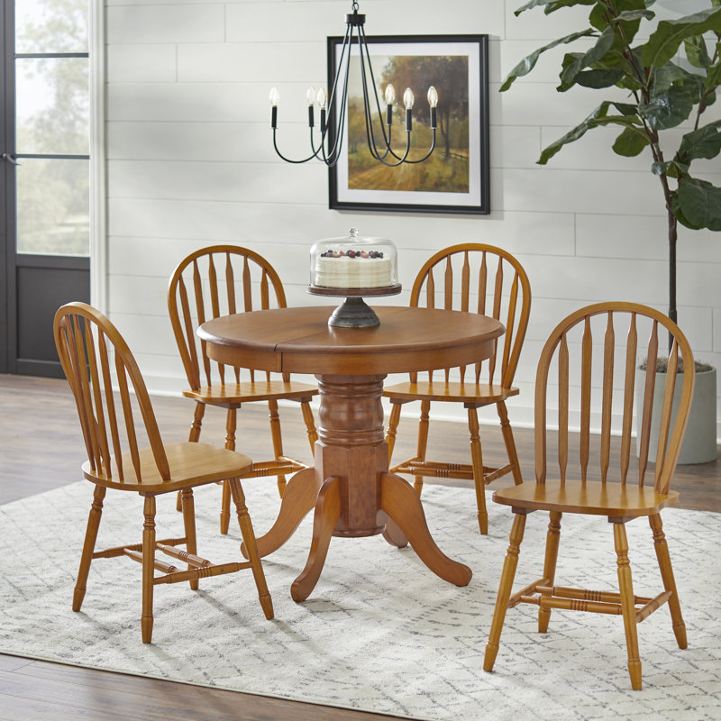 Kaneshiro Solid Wood Top Pedestal Dining Set, Oak, 5 Pieces: Table, 4 Chairs