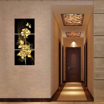 Fleur, toile, art doré, rose et papillon, peinture sur toile, tableau floral élégant, 3 panneaux, œuvre d'art contemporaine pour le salon, chambre à coucher