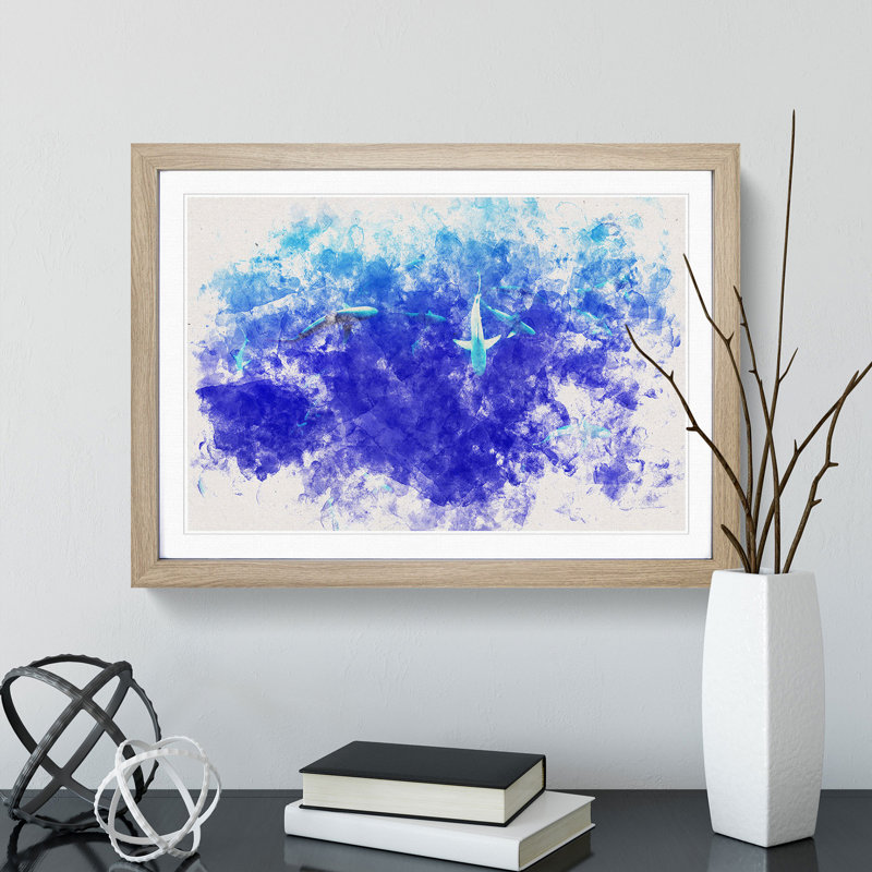 Oahu Sharks - Picture Frame Graphic Art Print, 45cm H x 63cm W x 2cm D, Oak Framed