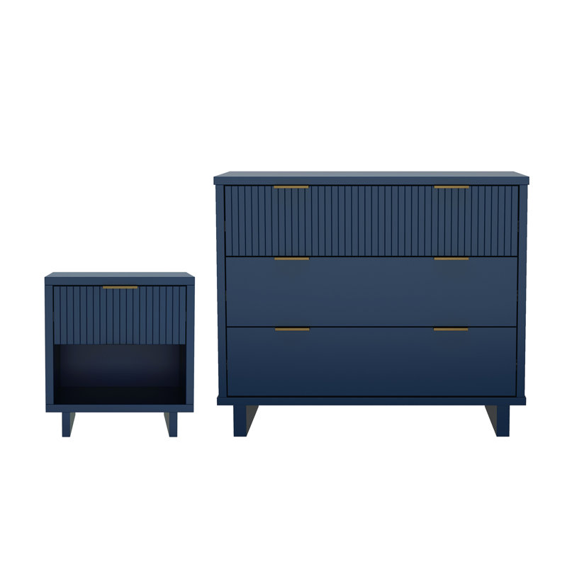 Ensemble de chambre à coucher 2 pièces avec commode et table de chevet bleu Elara, Bleu minuit