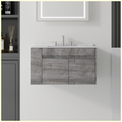 Meuble-lavabo flottant 36 po avec lavabo 36 po, porte à fermeture douce, comptoir et dosseret en marbre de culture blanc de Carrare de 0,6 po, contreplaqué, gris