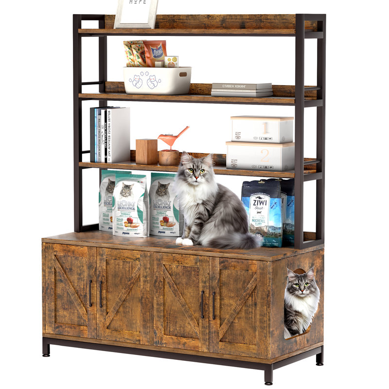 Rustic Brown Wooden Cat Litter Box Enclosure with Shelf
