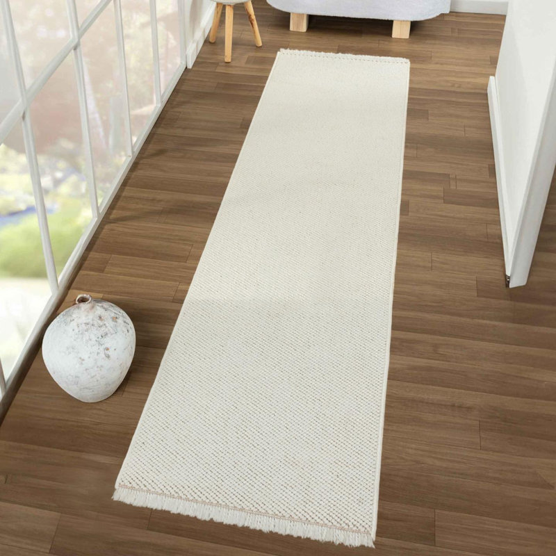 Textured Fringed Area Rug, Runner 2' x 8', Cream