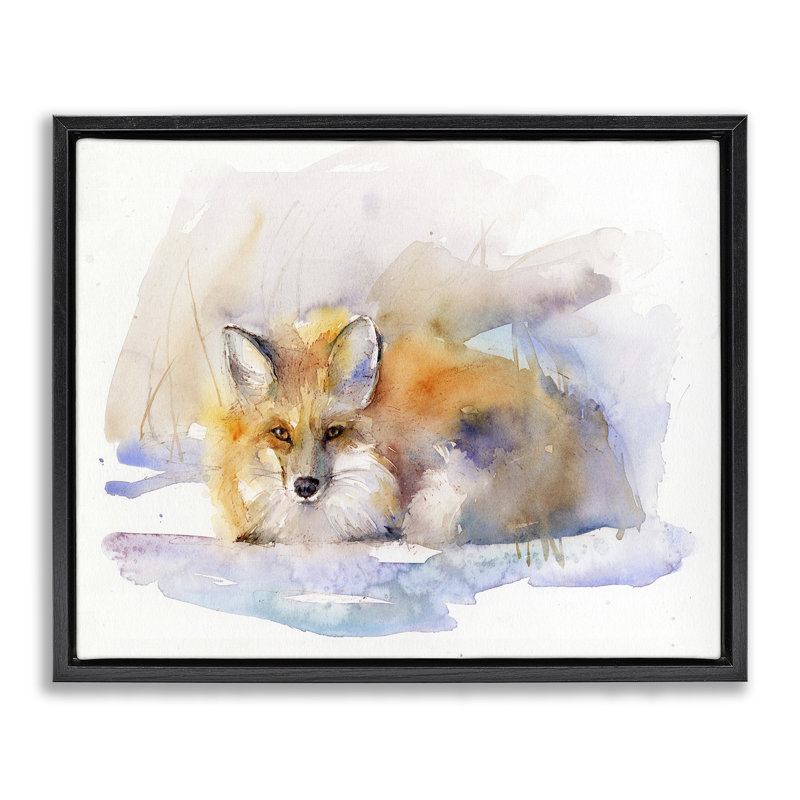 «Fox Sleeping in Snow», art mural sur toile par John Keeling, H 25 po x l 31 po, Cadre flottant noir de jais