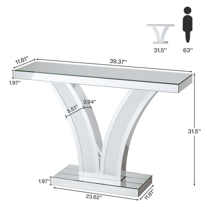 Console scintillante en forme de V avec effet miroir, stable et facile à installer, idéale pour les espaces de vie et les entrées. Dimensions : profondeur 100,3 cm, largeur 29,3 cm, hauteur 80,2 cm. Base stable.