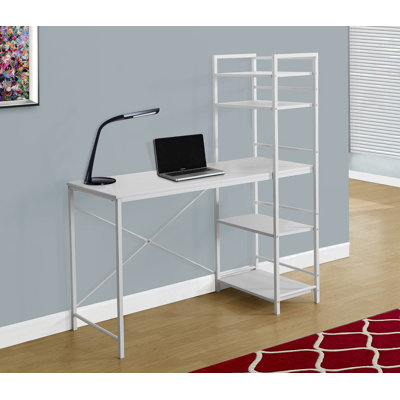 Modern 48 Inch White Laminate Computer Desk With Storage Shelves For Home Office And Laptop Work