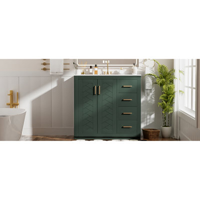 36 po, armoire de salle de bain, lavabo en céramique, planches, glissière à tiroir lisse, rangement multifonctionnel, cadre moderne en bois massif, rangement spacieux pour les articles, portes à fermeture douce, design rétro