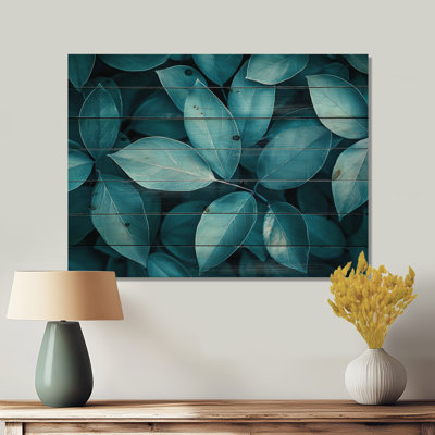 Monochrome Teal Leaves Layers II - Leaves Wood Wall Decor - On Natural Pine Wood