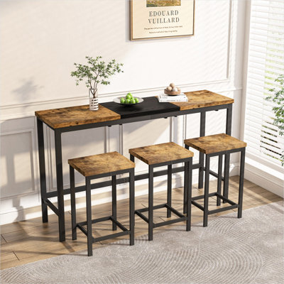Ensemble de table de cuisine en panneau de fibres à densité moyenne naturel et noir mat avec 3 tabourets