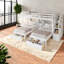 Triple lits superposés peu encombrants, bois de pin blanc avec rangement et tablettes polyvalentes