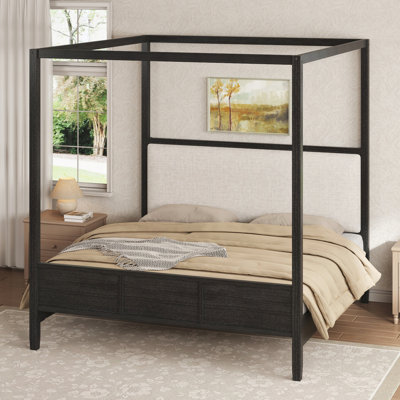 Queen size Wooden Canopy Platform bed with Upholstery Headboard,No Box Spring Needed