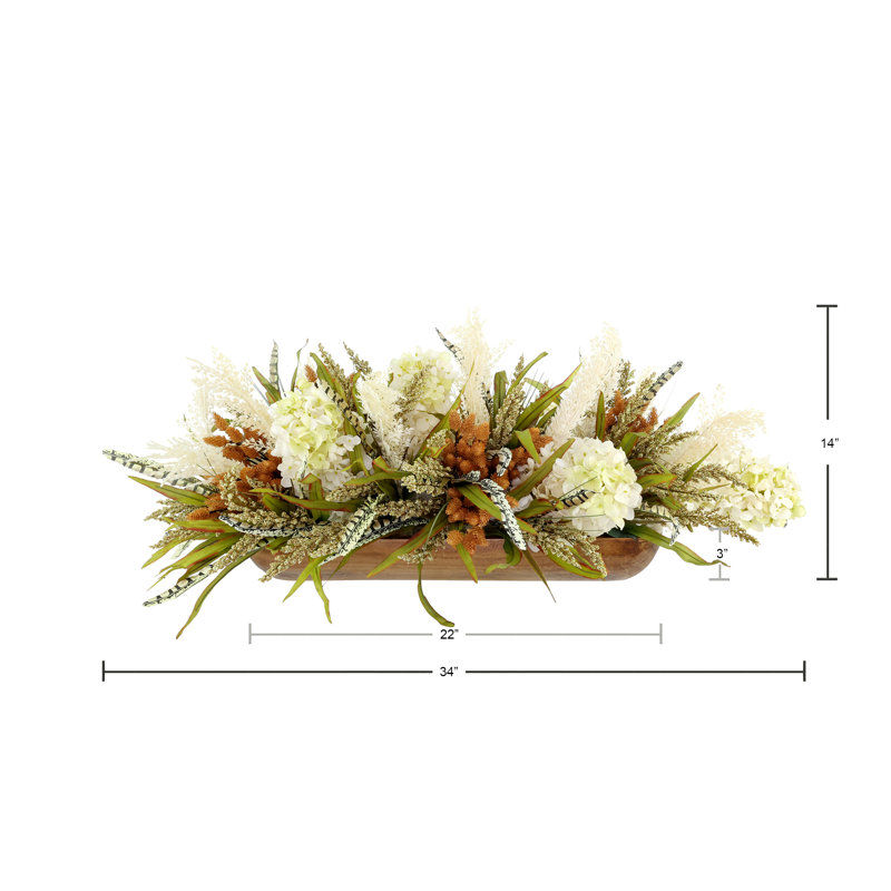 Fall Centerpiece with Hydrangeas and Pampas in a Wood Planter