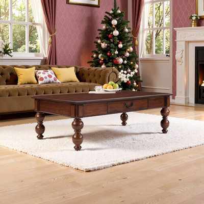 47" Storage Coffee Table With Gourd-Shaped Solid Wood Legs No-Tools Assembly - Acacia Veneer & MDF Top