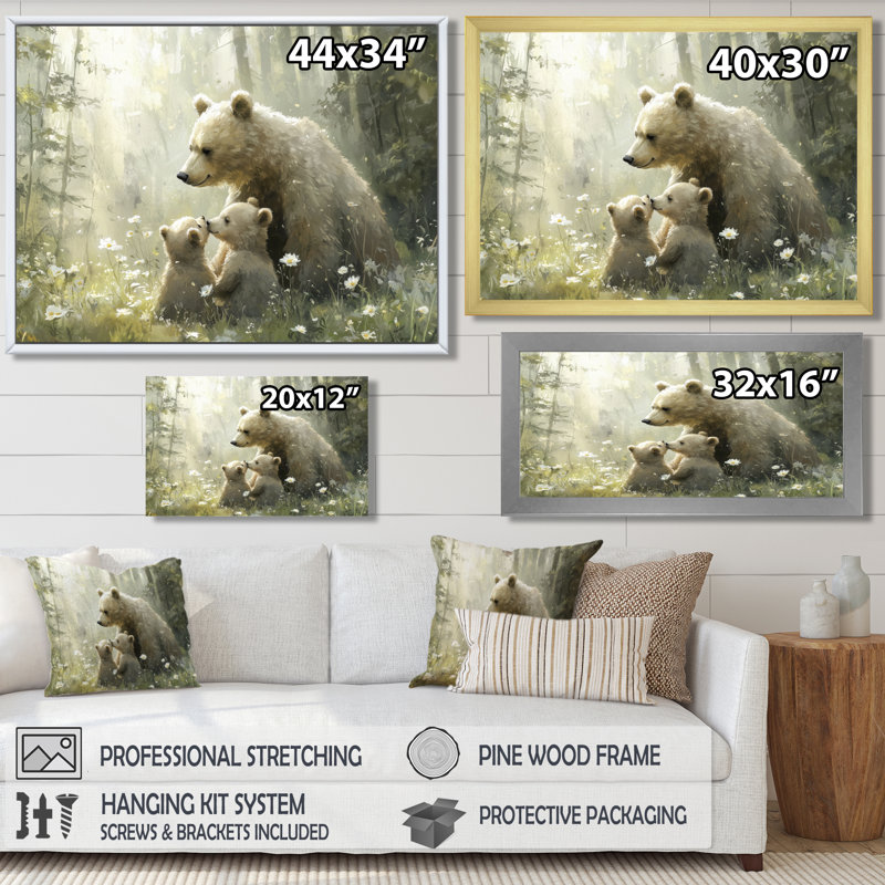 «Mother Bear with Cubs In Winter I», art mural ours, Cadre simple, H 16 po x l 32 po, Blanc