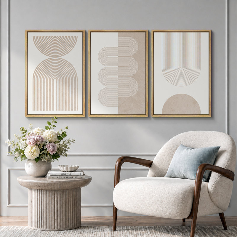 "Mid-Century Modern Boho" Duotone Beige Abstract Lines, H 24 po x l 48 po, Plastique brun