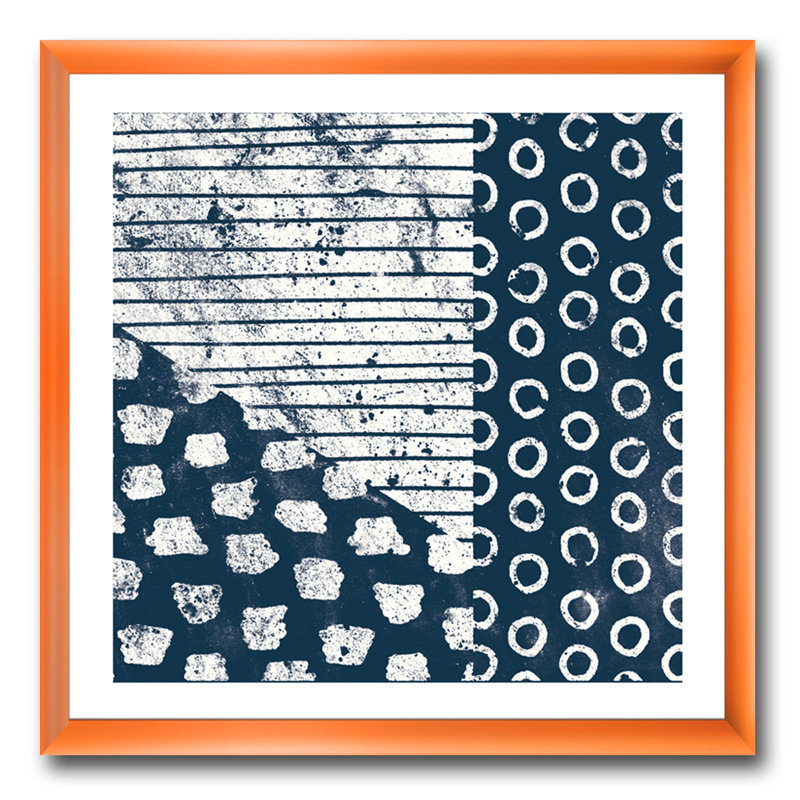 «Indigo Striples and Tile», reproduction sur toile encadrée, Cadre orangé, H 16 po x l 16 po x P 1 po