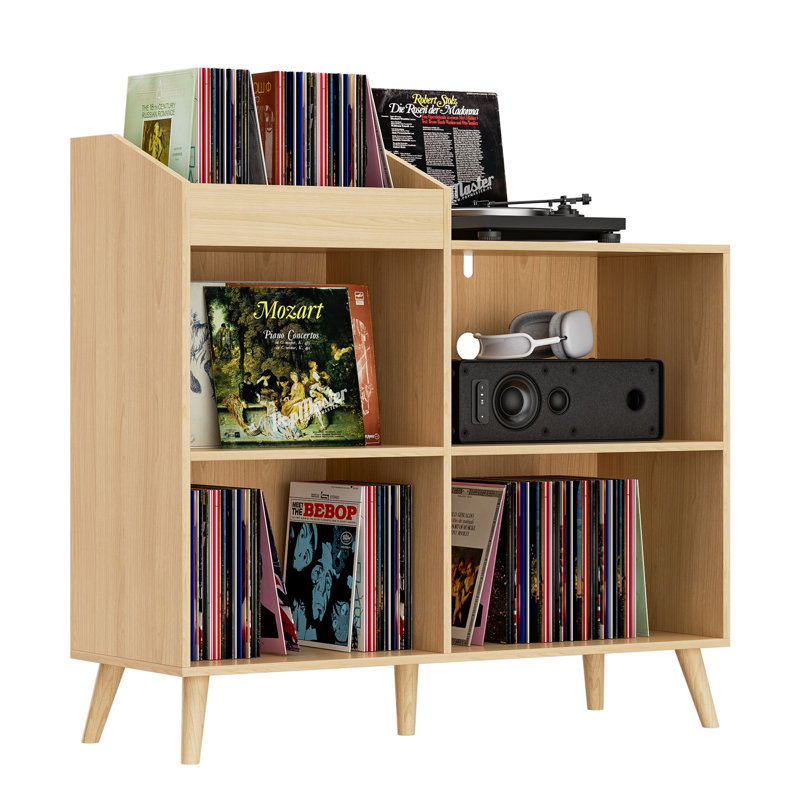 Large Record Player Stand With Power Outlet, Vinyl Record Storage Table Holds Up To 400 Albums, Mid-Century Turntable Stand For Living Room, Bedroom