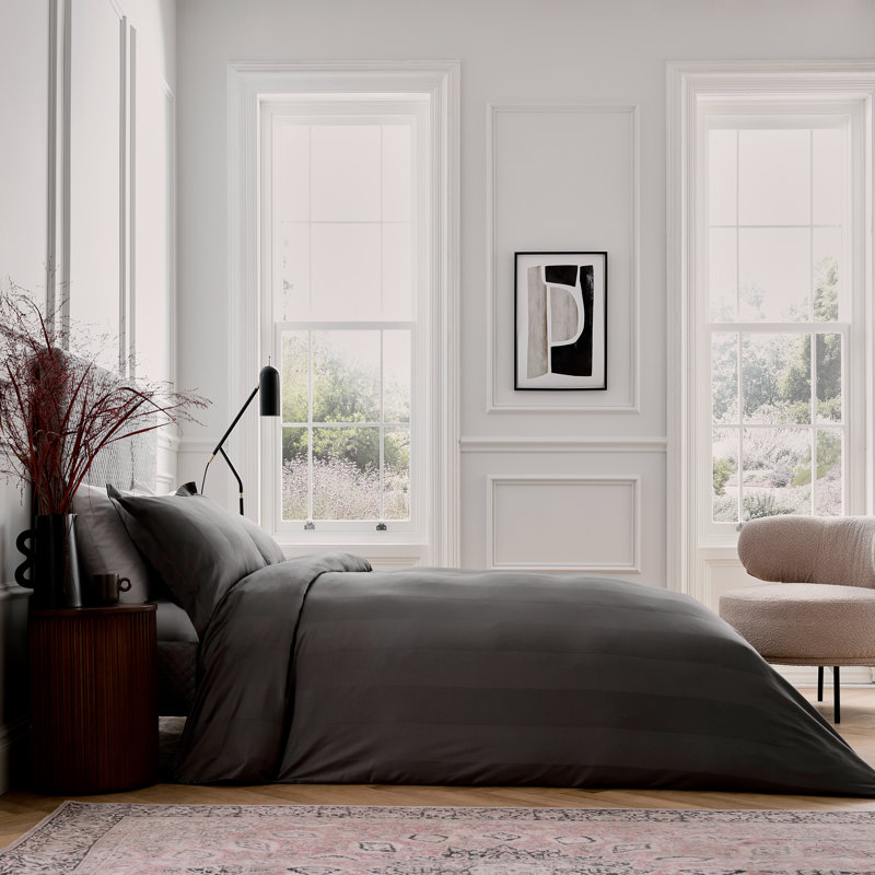 Serra Dobby Stripe Sateen 200 TC Duvet Cover Set, Grey, King Size Duvet Cover + 2 Pillowcases