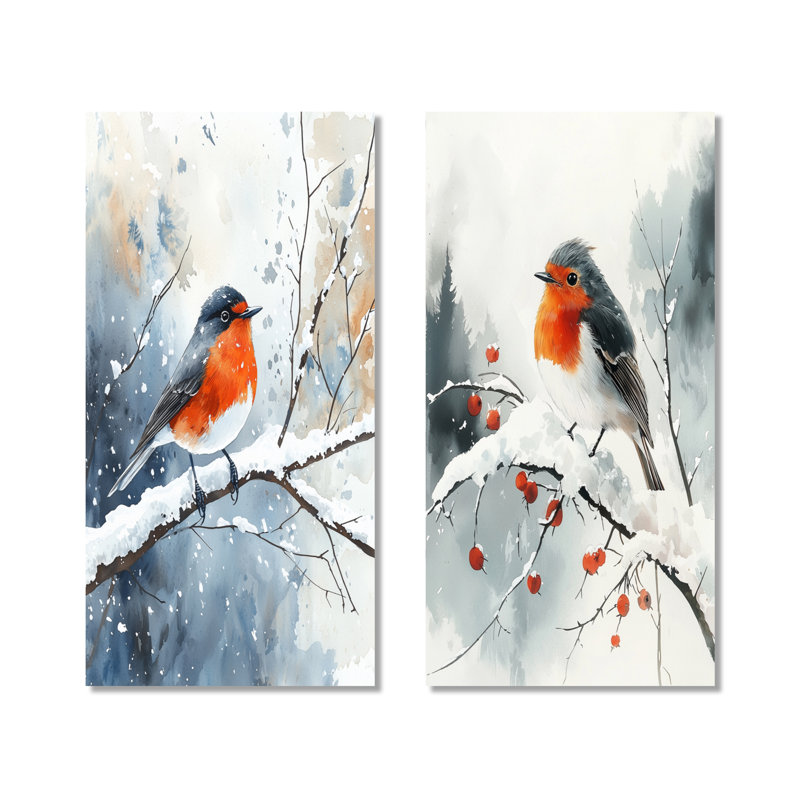 «Robin Bird in Winter Snow I - Nature», ensemble de 2 reproductions d'art murales en métal, 40" H x 40" W
