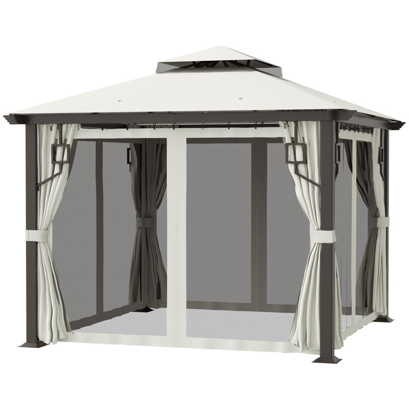 Gazebo de terrasse 3 m x 3 m, belvédère extérieur à double toit avec rideaux d'intimité, abri de jardin à structure en aluminium