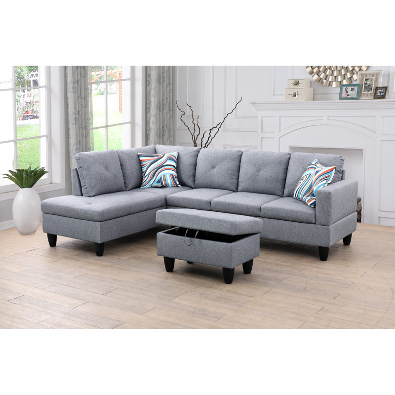 Ensemble de canapé de salon gris en tissu de style L gris avec un repose-pieds, Lin espagnol gris