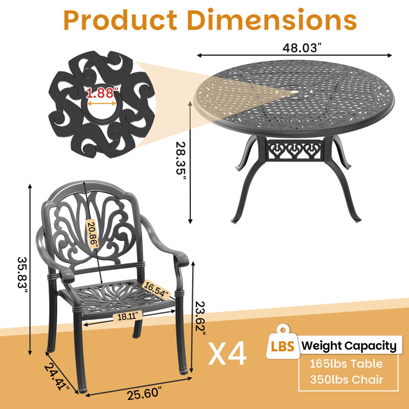 Dheftera 48.03-inch Round Cast Aluminum Outdoor Dining Set with Umbrella Hole and Brown Cushions, 4
