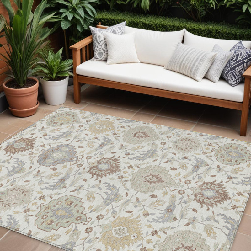 8' X 10' Ivory Brown And Grey Damask Washable Indoor Outdoor Area Rug