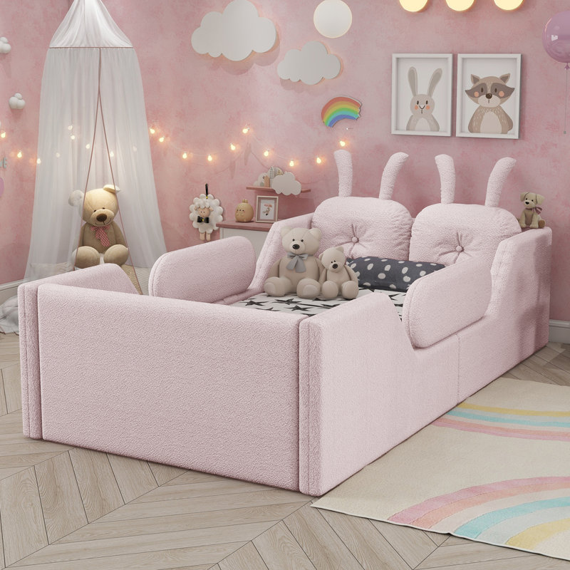 Lit plateforme tapissier moderne avec coussin en lapin, lit tapissier au sol avec rails latéraux amovibles, Rose