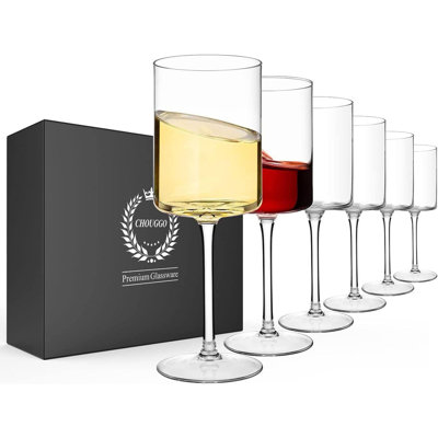 Square Wine Glasses Set Of 6, Hand Blown Crystal Red Wine Or White Wine Glass 11.4Oz - Hand Crafted By Artisans - Gifts For Women, Men, Wedding, Anniversary, Christmas, Birthday
