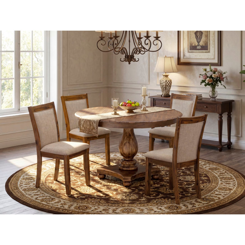 L'ensemble de mobilier de salle à manger 5 pièces comprend une table ronde avec piédestal et 4 chaises rembourrées en tissu de lin brun clair, noyer antique