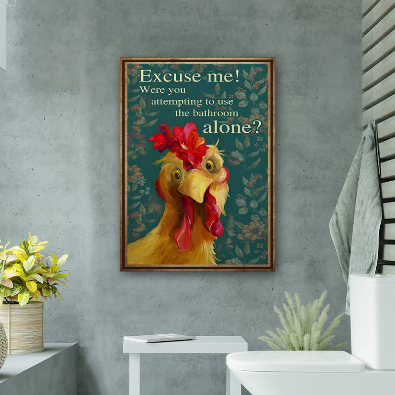 Chickens - Excuse Me, toile tendue avec châssis - décor d'illustrations animales pour salle de bain et buanderie, rouge et brun