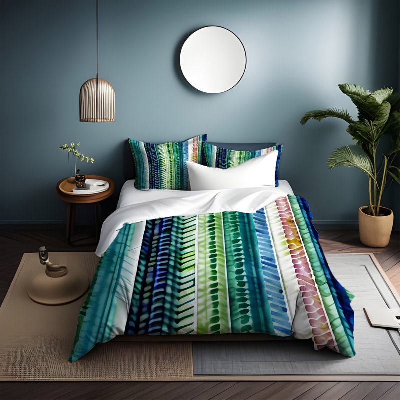 Striped Duvet Cover, Queen Duvet Cover + 2 Queen Shams, Green/Blue