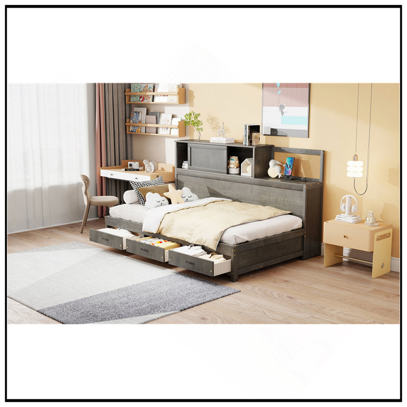 Lit de jour en bois avec 3 tiroirs de rangement, tablette souple supérieure, tablette, prises intégrées et ports USB pour une vie moderne
