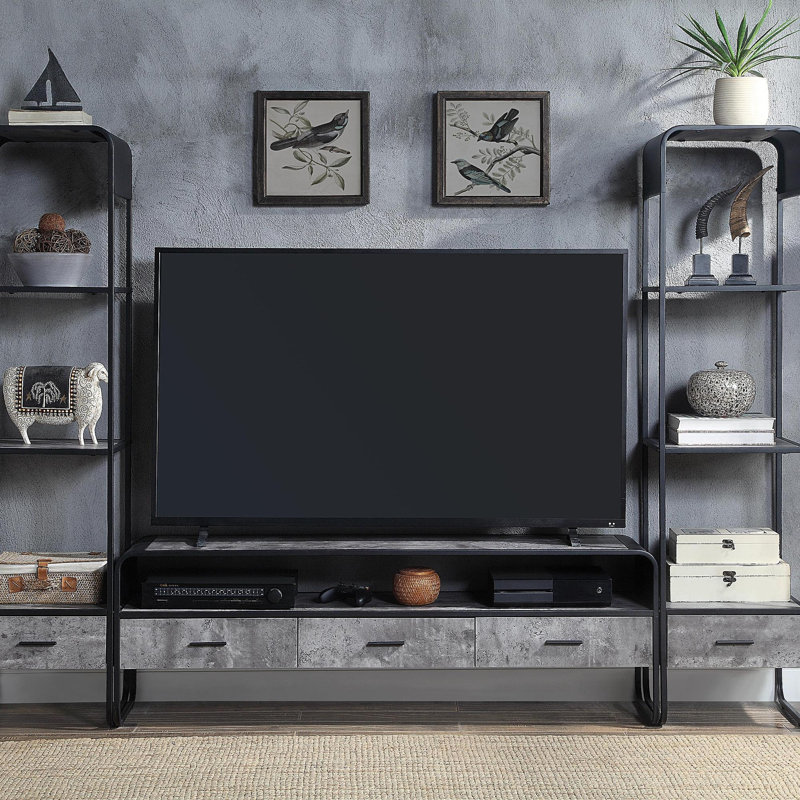 Meuble télé moderne avec courbe et finition noire, meuble télé avec tiroir et tablette en béton gris