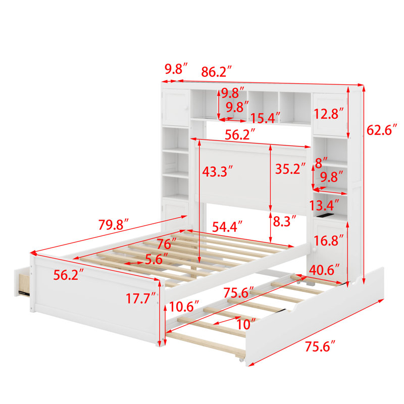 Lit double en bois avec armoire tout-en-un, tablette et lit gigogne