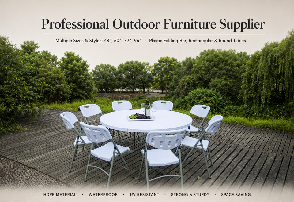 Professional Outdoor Furniture Supplier offering plastic folding bar, rectangular, and round tables in 48-inch, 60-inch, 72-inch, and 96-inch sizes. The durable HDPE material is waterproof, UV-resistant, strong, sturdy, and space-saving, shown here as a white circular folding table with matching chairs set on a wooden patio.