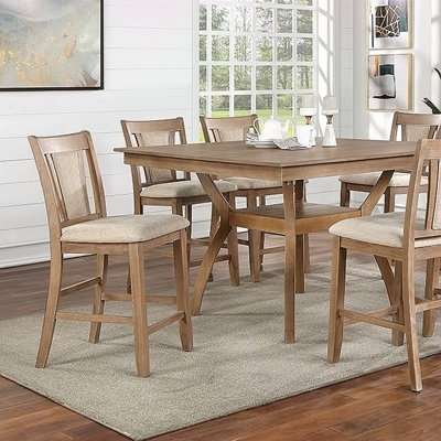 Transitional Set Of 2 Counter Height Chairs Natural Tone And Beige Solid Wood Chair Padded Leatherette Upholstered Seat Kitchen Dining Room Furniture