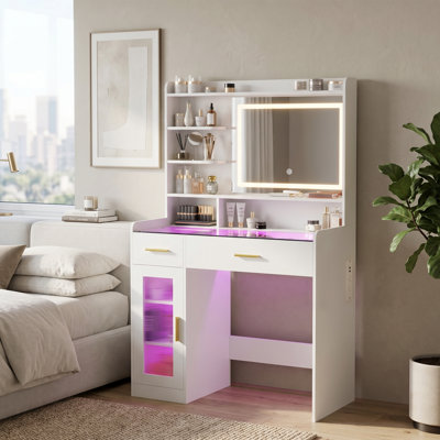 35" Makeup Vanity Table with LED Lighted Mirror, Modern Bedroom Vanity Desk with Glass Top, Drawers and Storage Hutch