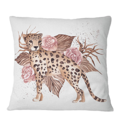 Leopard With Pink Tropical Flowers - Traditional Printed Throw Pillow
