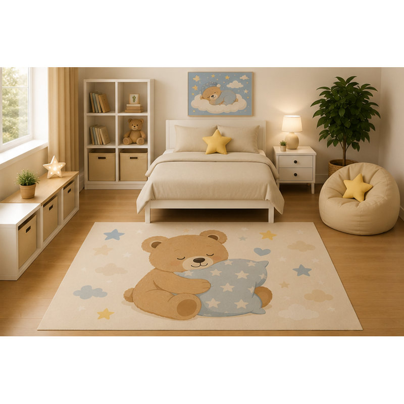 Tapis ultra-léger 152 x 213 cm pour chambre d'enfant, motif ours en peluche endormi, coussin, étoiles et nuages ​​mignons, idéal pour la chambre de bébé ou la salle de jeux. Dos en silicone antidérapant, poils courts.