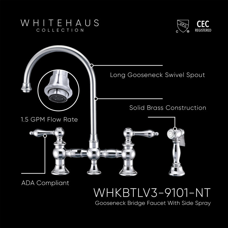 Whitehaus Collection Bridge Faucet with Long Gooseneck Swivel Spout, Lever Handles and Solid Brass Side Spray, Chrome
