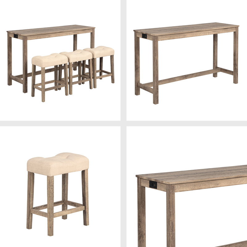 4 Piece Bar Table Set With Power Outlet,Bar Table Set With Chairs,Sofa Bar Table With Stools,Behind Couch Table With 3 Padded Stools,For Living Room,Dining Room