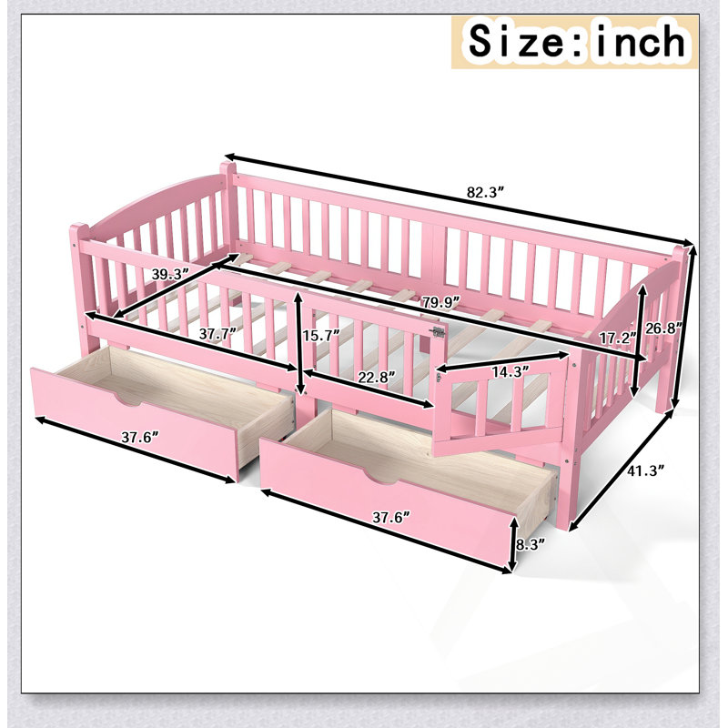 Lit plateforme simple TG pour enfants avec garde-corps pleine longueur, tiroirs de rangement et tête de lit mignonne pour la sécurité et l'organisation