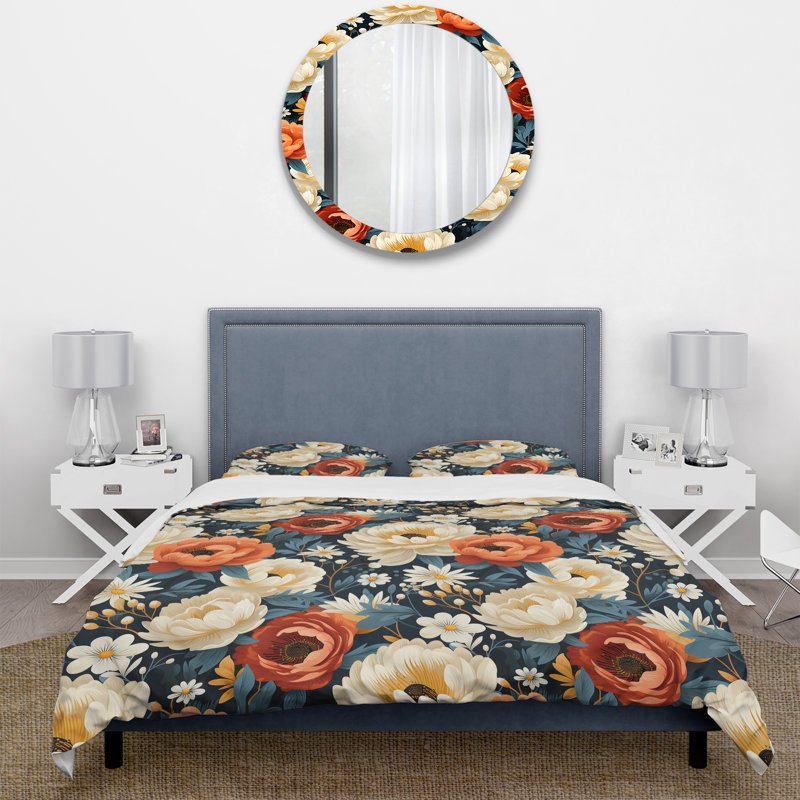 Ensemble de housse de couette rétro nostalgie beige et corail Blooming Garden I - Floral