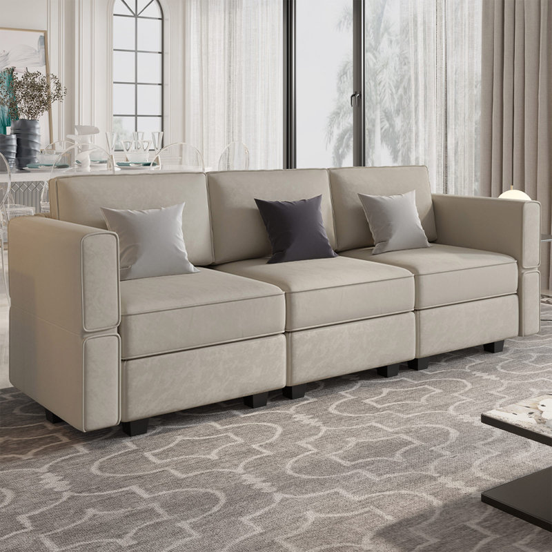 Nakash 90.2'' Wide Upholstered Modular Sectional Sofa 5-Piece 3-Seat Velvet Apartment Couch with Storage, Gray Velvet