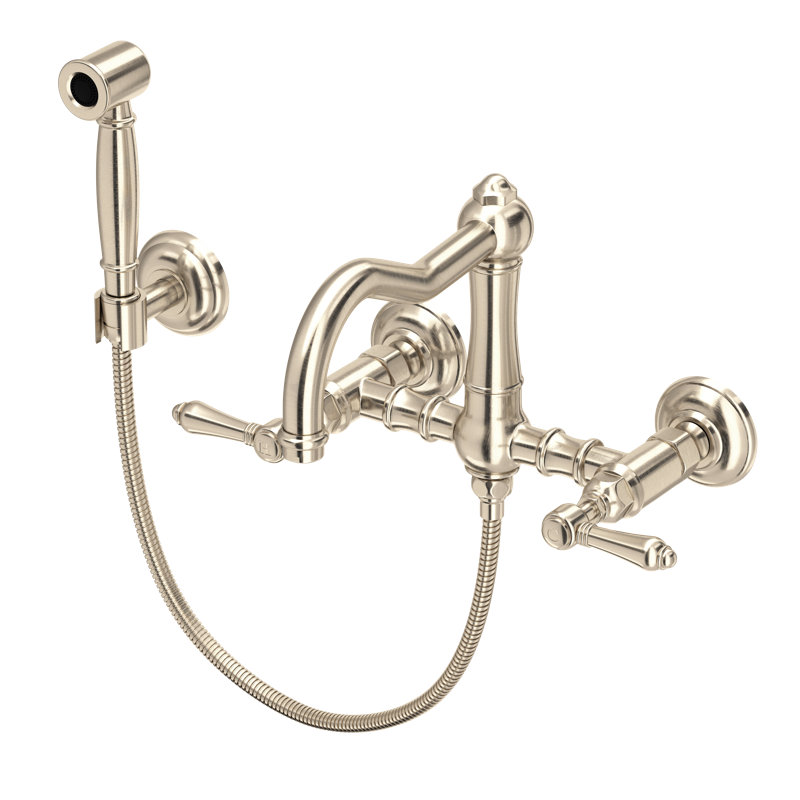 Acqui Wall Mount Bridge Kitchen Faucet With Sidespray And Column Spout, Satin Nickel, Lever Handle